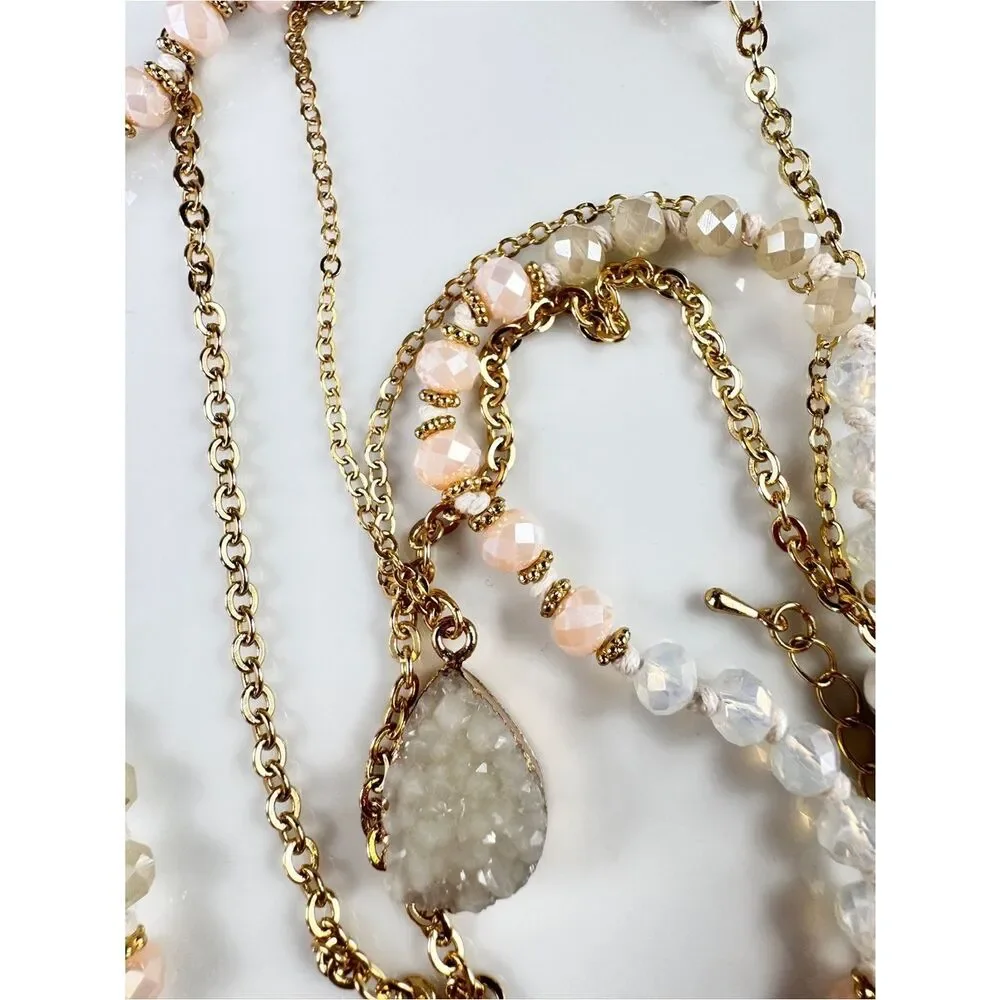 Gold-Tone Layered Necklace with Pink Beads and White Marbled Teardrop Pendant